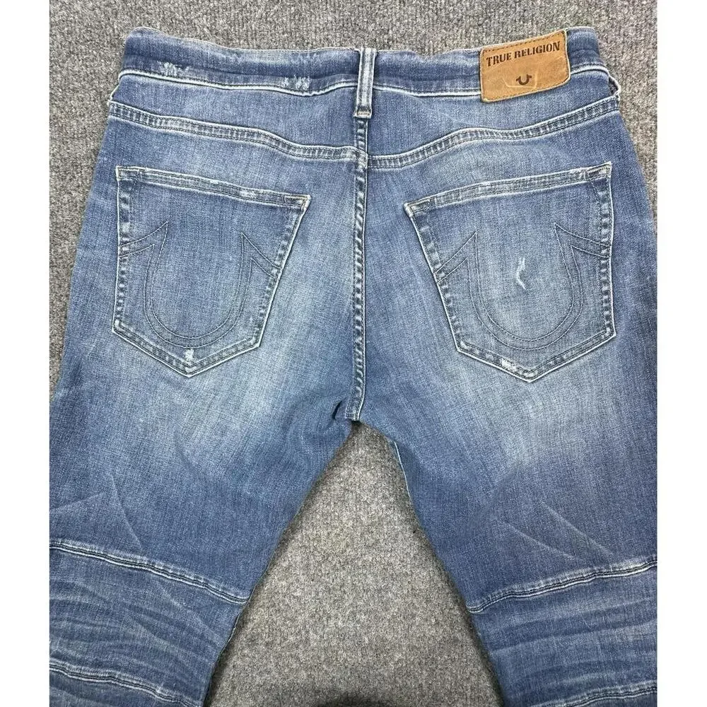 Mens TRUE RELIGION Geno Relaxed BIKER Slim MOTO 30‎ x 31.5 Blue DISTRESSED Jeans